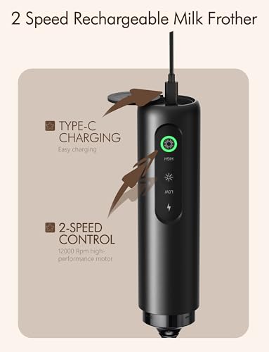 Image of Rechargeable Milk Frother Hanheld 2 Speed, Frother Wand Drink Mixer Handheld Coffee Stirrers Electric Frother for Coffee Mixer Wand -Black