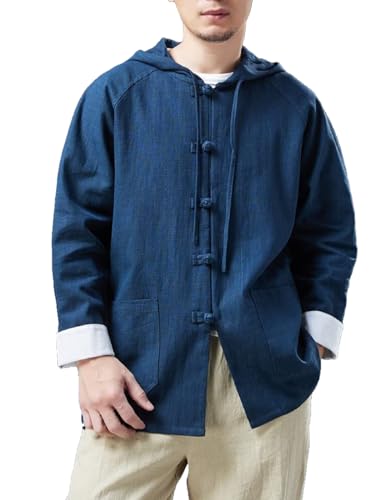 LUZU JUNU Mens Long Sleeve Linen Cotton Hippie Shirts Retro Style Drawstring Hoodie Jacket Button Up Sweatshirts