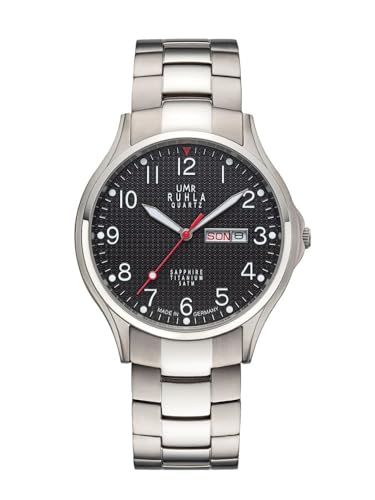 RUHLA-Classic Titan-Herrenuhr - satiniert & poliertes Titangehäuse Ø 40 mm - Datums- & Wochentagsanzeige in Deutsch und Englisch - schwarze Zifferblatt – Quarzwerk - Titangliederband - Made in Germany