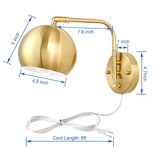 Vatoni Wall Sconce With Remote Control, Plug In Wall Sconces Dimming 0-100% And Adjustable Color Temperature 2700K-6000K, Brushed Brass Globe Swing Arm Wall Lights With Plug In Cord(2 Pack, 2 Bulbs) #TOP5