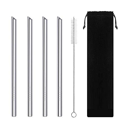 EUYOUZI Set of 4 Reusable Stainless Steel Wide Boba Drinking Straws Smoothie/Bubble Tea/Milkshakes Straws with Cleaning Brush & Pouch 12mm/0.5" Wide(Silvery)