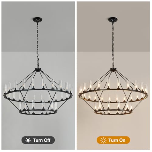 Image of 63 Inch Large Black Wagon Wheel Chandelier with Clear Glass Shade 2 Tier 36-Lights Round Pendant Light Farmhouse Industrial Chandeliers Dining Room Light Fixture for Stair Living Room Foyer