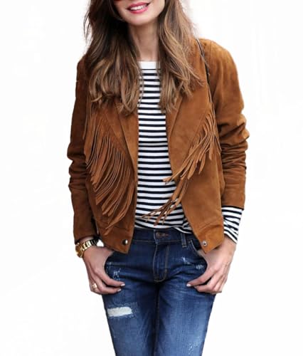 Women Western Fringe Genuine Suede Cowlady Leather Native American Coat with Fringed Jacket