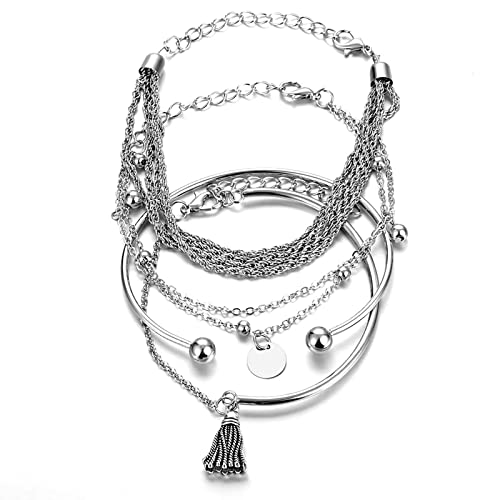 TseenYi Conjunto de pulsera de plata boho bangle tassel colgante pulsera apilada de muñeca abierta cadena de moda pulsera joyería para mujeres y niñas regalo navidad 4Pc Cover