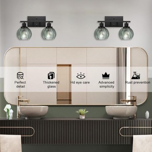 Image of Set of 2 Wall Sconces for Bathroom Modern Vanity Light Fixtures 2-Light Black Wall Sconce with Green Glass Shade Farmhouse Wall Lights for Bedroom Living Room