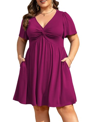 Image of Manllenshie Womens Plus Size Summer Dress Casual Short Sleeves Deep V Neck Twist Knot Front Flowy Dress with Pockets
