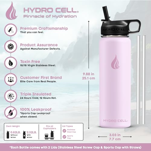 Image of HYDRO CELL Stainless Steel Insulated Water Bottle with Straw - For Cold & Hot Drinks - Metal Vacuum Flask with Screw Cap and Modern Leakproof Sport Thermos for Adults (Pink 24oz)