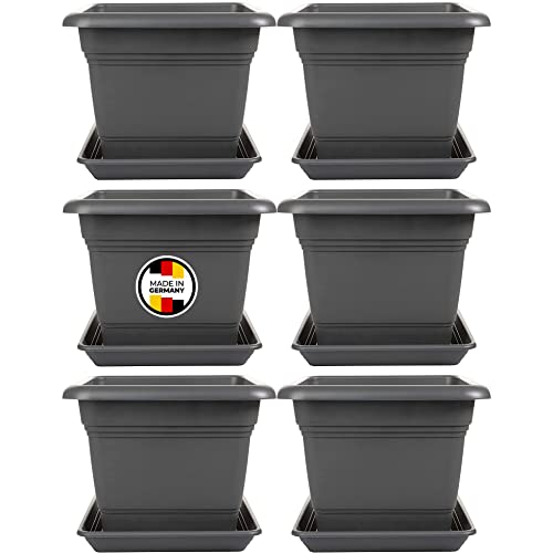 6er Set Pflanzkübel Groß Außen, Blumentopf Gross 40*40cm, Pflanzentopf Blumentopf mit Untersetzer, Pflanzkübel Kunststoff, Blumenkübel Pflanztöpfe Blumentöpfe Made in Germany, Anthrazit, Model: Ina