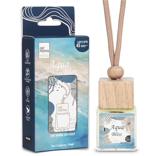 Image of AIR-ROMA Aqua Bliss Car Perfume Hanging Pod 10ml | Natural Essential Premium Fragrance Oils in Glass Bottle with Wooden Diffuser Lid | Long Lasting Car AIR Freshener Scent | Lasts Up to 45 Days