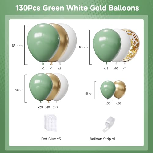 Image of Sage Green Balloons Arch Kit,130pcs Gold Balloon Garland,Different Sizes 18 12 10 5 Inch Green and White Latex Balloons for Birthday Baby Shower Gender Reveal Wedding Party Decoration