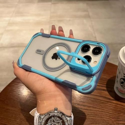 Coque iPhone 15 Pro transparente bleue avec béquille magnétique antichoc