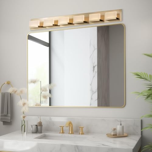Image of Kira Home Everett 48 inch Modern 6-Light Integrated LED Gold Vanity Light, 60W 3000K Warm White Light, Minimalist Gold Bathroom Wall Sconce with Frosted Acrylic Blocks, Cool Brass Finish