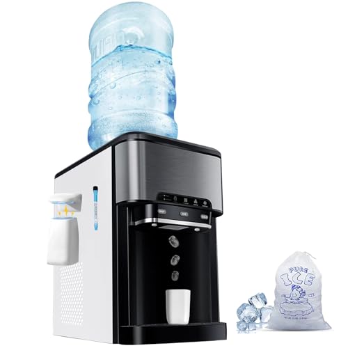 Water Cooler Dispenser Built-in Ice Maker Countertop,3-in-1 Portable Ice Machine 44lbs Daily,Top Loading 5 Gallon Water Dispenser w. Child Safety Lock & Tri-Temp Water Option-Hot,Cold & Ice Block