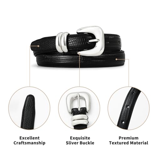 Black Thin Belt for Women Sleek Silver Buckle Snake Texture Leather Skinny Belts for Casual & Formal Wear4
