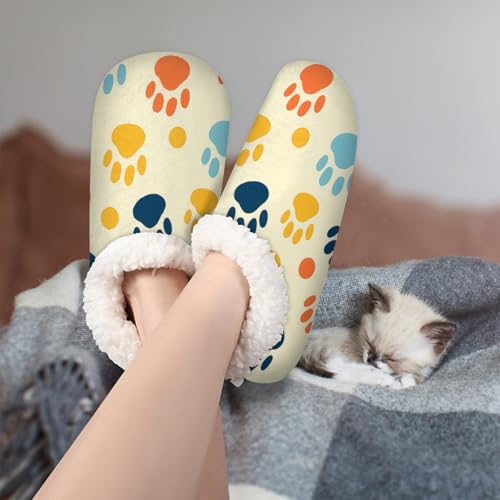 House Slippers for Women Men, Colorful Cat Dog Paw Print Soft Fuzzy House Shoes Home Slipper3