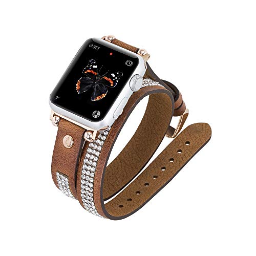 Venito Livorno Double Wrap Leather Slim Watch Band with Rhinestones Compatible w/Apple Watch Series 1,2,3,4,5,6,7,SE with Stainless Steel Hardware (Antique Brown w/Rose Gold Connector & Clasp, 38mm-40mm)