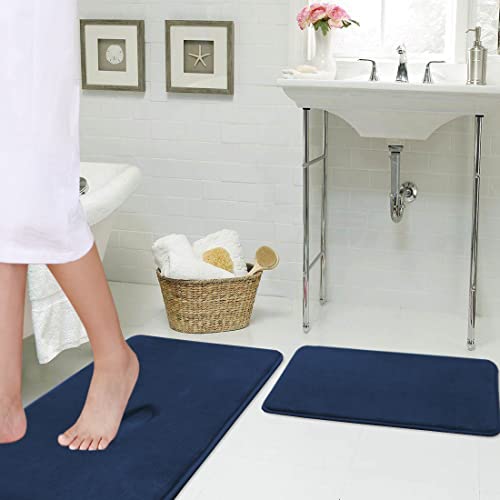 Flamingo P Soft Memory Foam Microfiber Bath Rugs Extra Absorbent Flannel Bath Mats Machine-Washable Bathroom Mat Set, 2 Piece, 20X32/17X24 Inch Navy #TOP21