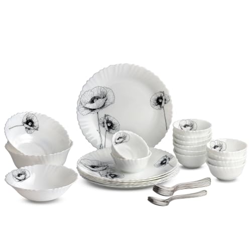 Image of CELLO Wild Poppy Dazzle Series Opalware Dinner Set of 33 Pieces for Family of 6 | Bone-Ash Free & Leadfree Opal Glass, Microwave & Dishwasher Safe Plates & Bowls Crockery Set for Dining & Gifting