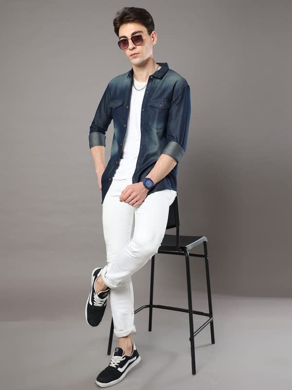 Image of STREETKING Street King Men Denim Double Pocket Casual Regular Fit Full Sleeves Shirt