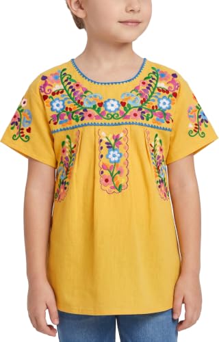 Image of YZXDORWJ Mexican Blouse for Girls Traditional Embroidered Summer Short Sleeve Peasant Blouse for Kids