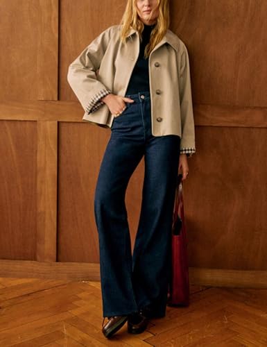 Yeokou Women Oversize Trench Coat Plaid Lining Lapel Button Down Casual Crop Jacket Outwear with Pockets3