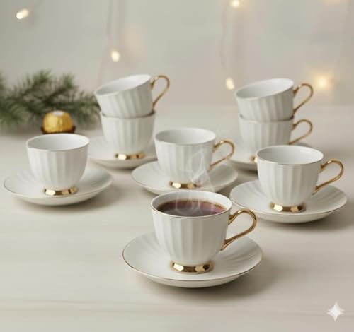 Image of Kitchen Tea Cups and Saucers Set of 6 (180 Ml), Porcelain White Tea Cup Set with Golden Trim, Dishwasher Safe for Tea Milk & Coffee Chai, Teacup Set
