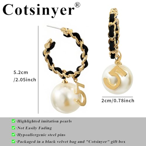 C-Shape Woven Hoop Stud Earrings for Women - Dangling Pearl & Number 5 Accent, Black & Gold Braided Texture | Chic Statement Large Earrings with Velvet Storage Bag3