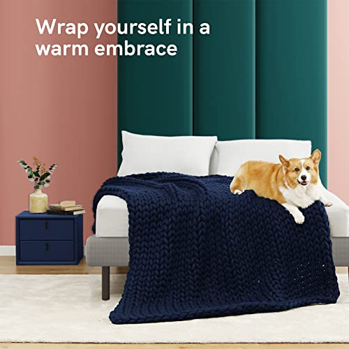 YnM Knitted Weighted Blanket, Hand Made Chunky Knit Weighted Throw Blanket for Sleep, Stress or Home Décor (Navy, 60''x80'' 15lbs), Suit for One Person(~140lb) Use on Twin/Full Bed