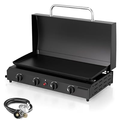 ADREAK 4 Burner BBQ Gas Griddle with Hood, 30 Inch Stainless Steel Portable Detachable Propane Griddle, 60,000 BTU Flat Top Grill with Lid for Camping, Black