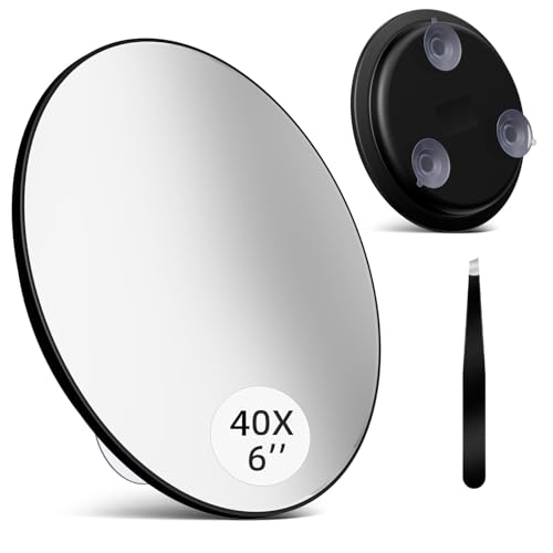 saiggnyy Large 6" 40x Strong Powerful Magnifying Mirror with Tweezers, Travel Magnified Mirrors 40X with Suction Cups, High Magnification Round Magnification Make up Mirror Nearly 50x