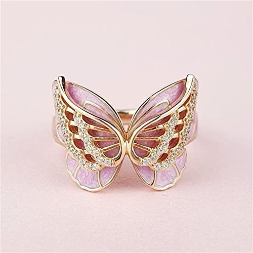 18K Rose Gold Plated Shiny Pink Butterfly Ring Sparkling Crystal Bow-Knot Enamel Ring Wedding Jewelry Cute Animal Ring for Women F056 (8)