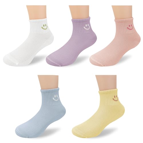 Baby Toddler Mesh Socks with Smiley Faces Boys Girls Breathable Thin Solid Color ummer Kids Ankle Socks,5 Pack