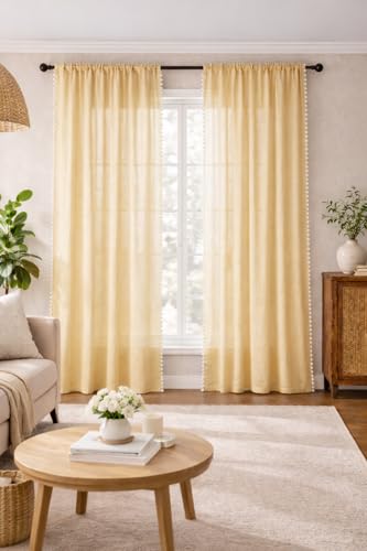 Image of THE LINEN COMPANY Cotton Curtains Net Curtains with Pom Pom Lace Rod Pocket Sheer Curtains Light Filtering Window Curtains Living Room Curtains Butter Cream 10 Ft Pack of 2