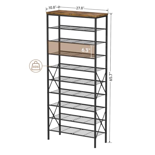 Image of 10-Tier Tall Shoe Rack, Large Capacity Shoe Shelf Holds40-45 Pairs, Shoe Shelf for Entryway, Hallway, Living Room, Rustic Brown