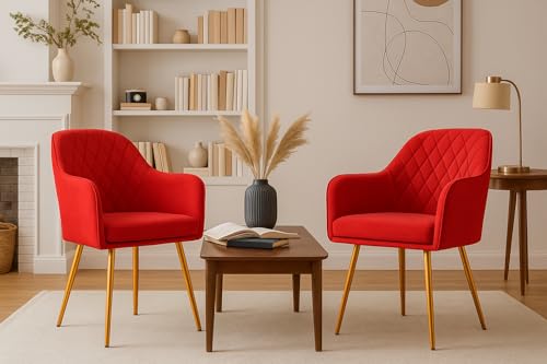 Image of Set of 2 Accent Chair for Living Room | Modern Armchair in Soft Velvet Fabric with Sturdy Legs | Premium Chair for Home Living Room Bedroom Restaurent | (Gold Legs, Red Burfi Design)
