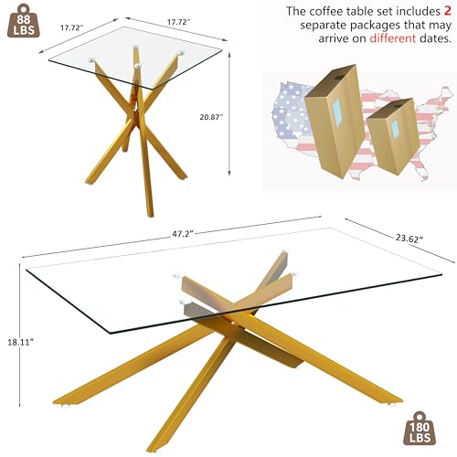 Sybrioka X GLASS COFFEE TABLE Gold Glass Coffee Table Set Of 3 Modern End Table Living Room Side Table, Geometric Metal Legs 47.2 Inch Clear Rectangle Center Cocktail Tables thumb #2
