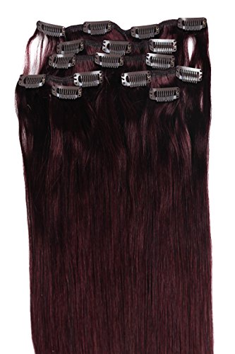 Clip Hair Extension, Grammy 18 Inch Long Straight Nature Full Head Clips In Human Hair Remy Hair Extensions Clip Extensions Human Hair Clip 7pcs (#99J Red Wine Burgundy)
