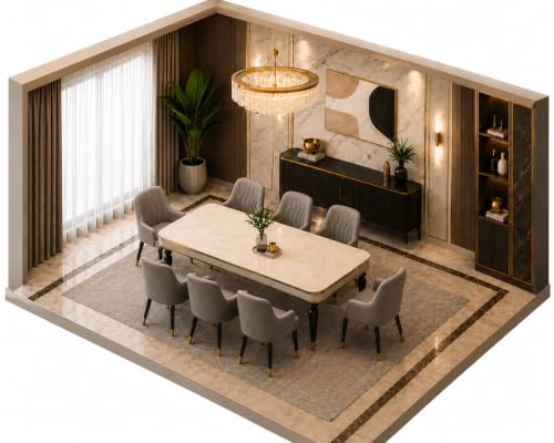 Image of 8 Seater Dining Table Set with Nano Composite Marble Top, Solid Wood Base & 8 Upholstered Chairs, Modern Dining Table Set for Home & Dining Room Furniture