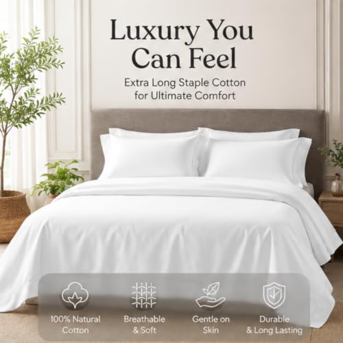 Image of Egyptian Cotton Feel King Size Flat Bedsheet with 2 Pillow Covers | 1000 TC Soft & Breathable | White Solid Pattern for Bedrooms and Hotels Use (Size: 102 x 108 Inch)