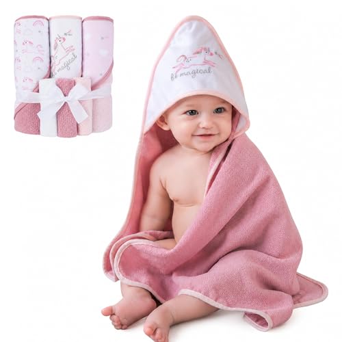 Image of Viviland Baby Towels and Baby Wash Cloths Set Hooded Baby Towels Baby Wipes Absorbent Bath Face Towels Burp Cloths or Face Towels for Girl Boy 6-Pack Size 28 x 28 Inch(Unicorn Rainbow)