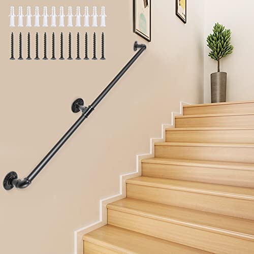 Vevor Pipe Stair Handrail, 4Ft Staircase Handrail, 440Lbs Load Capacity Carbon Steel Pipe Handrail, Industrial Pipe Handrail With Wall Mount Support, Round Corner Wall Handrailings For Indoor, Outdoor #TOP14