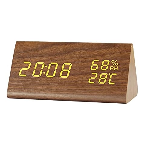 VABOO Digital Alarm Clock,LED Wood Digital Alarm Table Clock Date Temperature Humidity Display 12 / 24Hours,LED Alarm Clock, Digital Wooden Clock, Multi-Function Alarm Clock,Voice & Touch Activated Cover