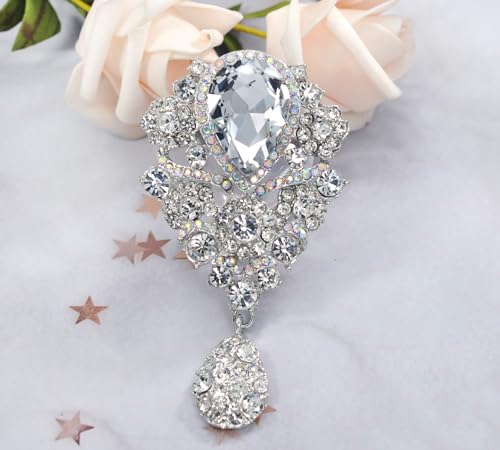 Image of Gyn&Joy Women's Austrian Crystal Bouquet Flower Teardrop Large Gorgeous Brooch Pin