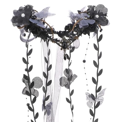 MOSTORY Black Flower Fairy Crown - Gothic Floral Headpiece with Butterflies and Vines for Women Dark Fairy Accessories Forest Elf Crown for Renfaire Witch Aesthetic Fantasy Cosplay