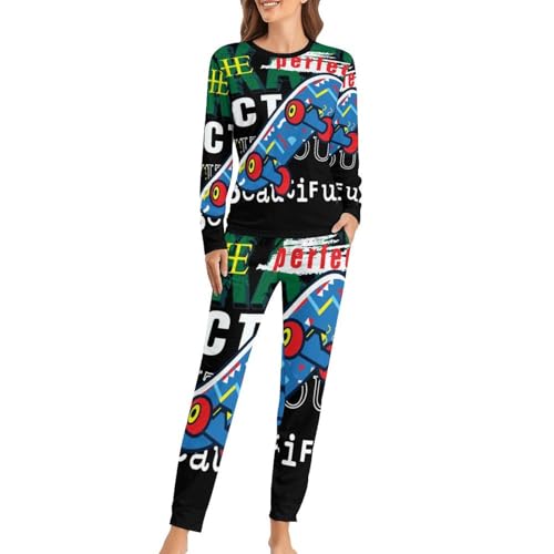 Pyjama femme planche à roulettes en coton respirant avec t-shirt manches longues et pantalon fluide