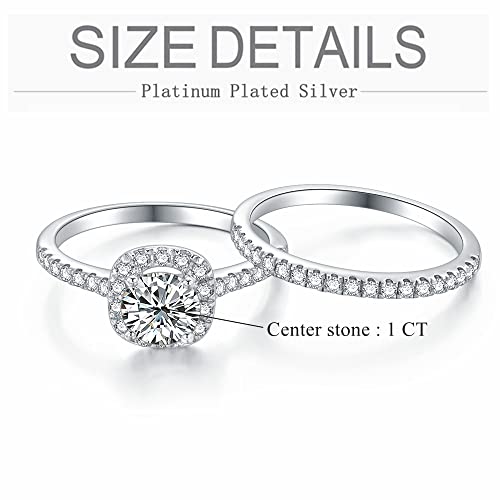 Halo Wedding Ring Set For Women Bridal Sets Wedding Rings Platinum Plated Silver, 1-1/2 Carat (Ctw) Moissanite Engagement Ring Set White Gold Anniversary Promise Rings(Size 9) #TOP5