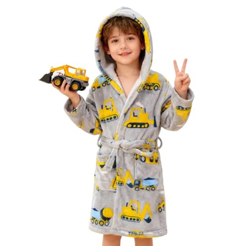 SRVNFBKT Boys Girls Robe Soft Fleece Hooded Bathrobe for Kids, Grey Excavator, 4-5T
