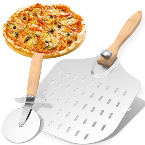 Pala para pizza corta desmontable 60 x 30 cm Pala para pizza de madera avec cortador pizza perforada diseño abierto para transferir pizza pasteles pastas