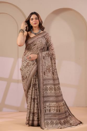 Image of TAMAIRA FASHION Off White Mulmul Pure Cotton Saree For Woman Warli Printed|Office Wear Daily Wear Sarees For Women Without Blouse Piece (Available in 21 Colours)
