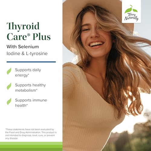 terry naturally thyroid care plus - supplement to aid thyroid - dietary supplement for energy amp healthy hair support - l-tyrosine amp selenium - 60 capsules